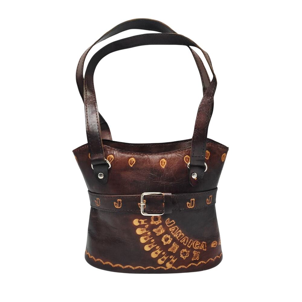 Vintage "JAMAICA" Brown Leather Embossed Detail Decorative Stitching Handbag